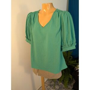 Mary Square Puff Sleeve Blouse Womens Medium Green Textured V-Neck Ruffle Cuff